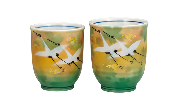 九谷焼　 組湯呑　金箔花群鶴　山田登陽志作　a03 