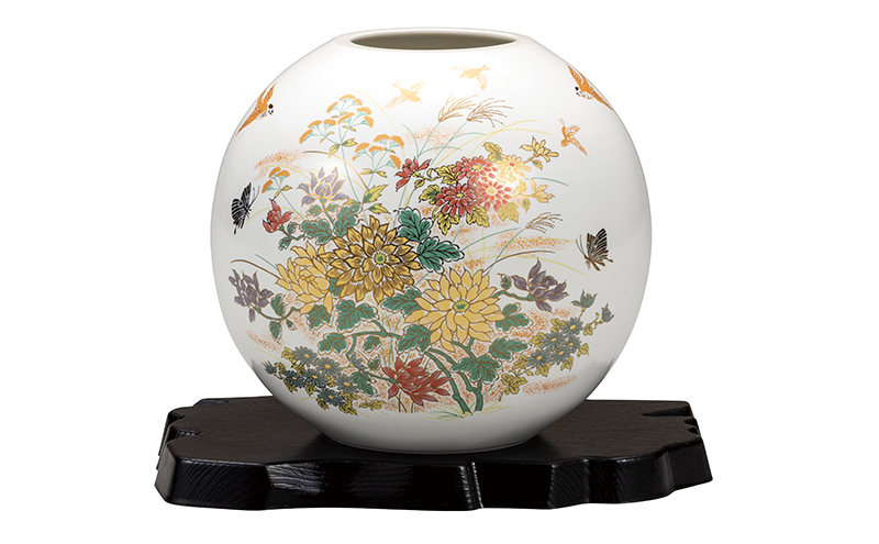 九谷焼　5.5号花瓶　金菊花に雀（台付） 