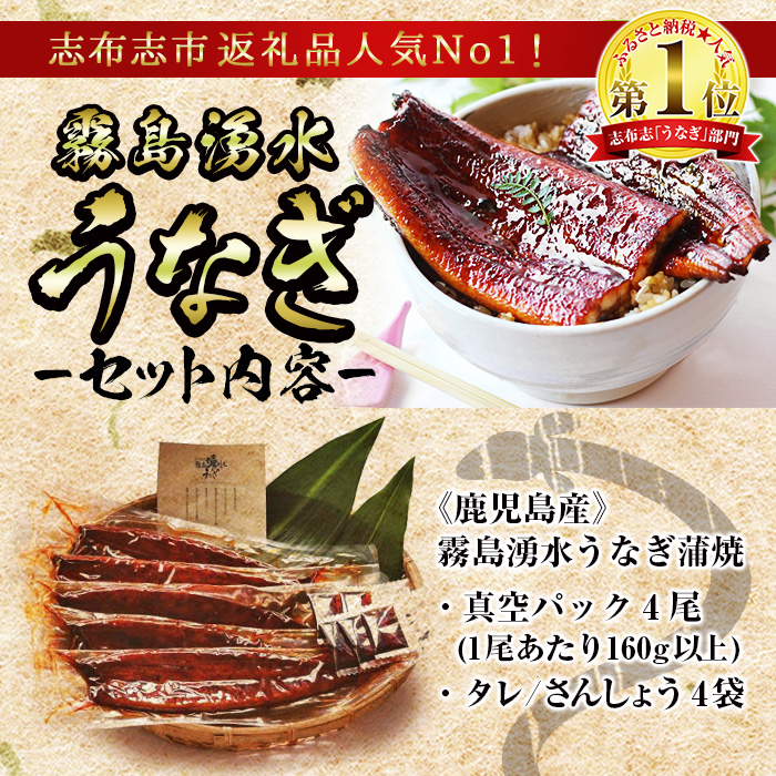 鹿児島県志布志市のふるさと納税 【2025年8月末までに配送】【志布志市人気No.1お礼の品】霧島湧水鰻の蒲焼き 160g以上×4尾＜計640g以上＞ b3-018-08