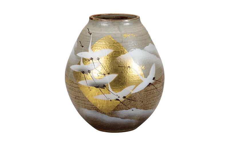 九谷焼　7.5号花瓶　金箔群鶴　山田登陽志 a05 