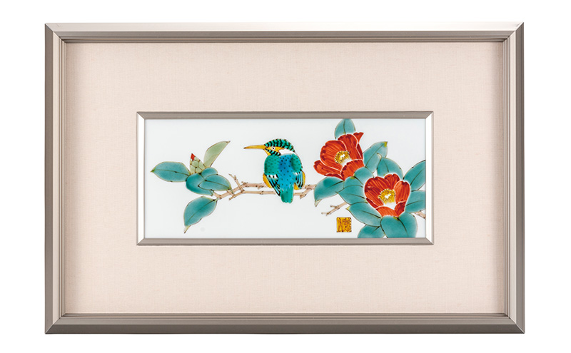 九谷焼　陶額　椿に翡翠　山田龍山 a05 