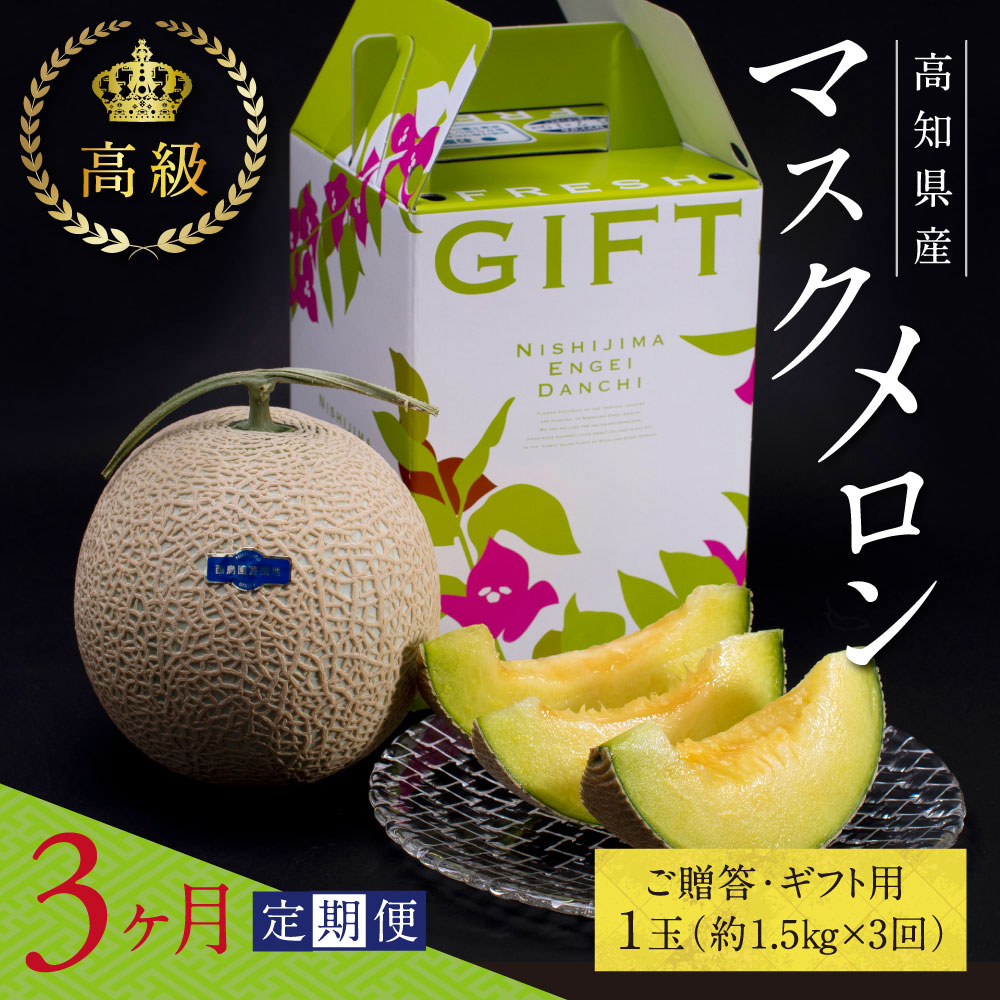 t062sks [CF-R5cbs] [3ヵ月定期便]“高知県産"高級マスクメロン(ご贈答・ギフト用)1玉入[発送期間:4月〜12月(9カ月)][1月〜3月は気候温度不安定の為出荷不可となります。][南国市共通返礼品]