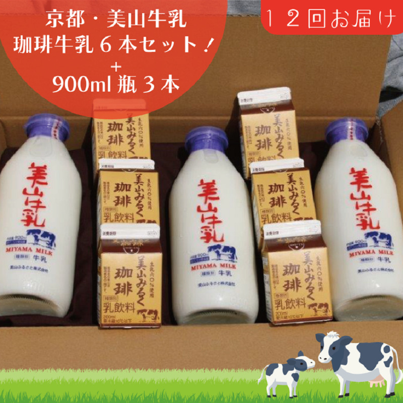 牛乳 定期便 12ヶ月 京都 美山牛乳 瓶 900ml ×3本 珈琲牛乳 200ml ×6本 詰め合わせ セット 美山町 お取り寄せ コーヒー牛乳 パック 定期 お楽しみ 12回 ※北海道・沖縄・離島への発送不可 