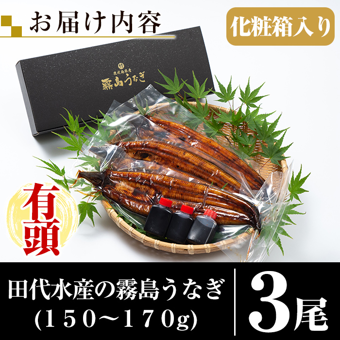 鹿児島県霧島市のふるさと納税 B-128-RZ ＜冷蔵でお届け＞霧島市育ちのあの「うなぎ」150～170g×3尾【田代水産】霧島市 鰻 蒲焼 国産