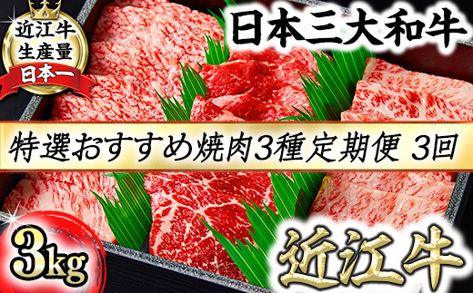 【定期便】A5等級特選近江牛おすすめ部位 焼肉3種（1kg×3回）【FO21W】