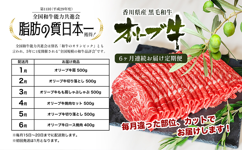 香川県産黒毛和牛オリーブ牛【6ヶ月お届け】小家族用 焼肉 バーベキュー 牛肉 お肉 