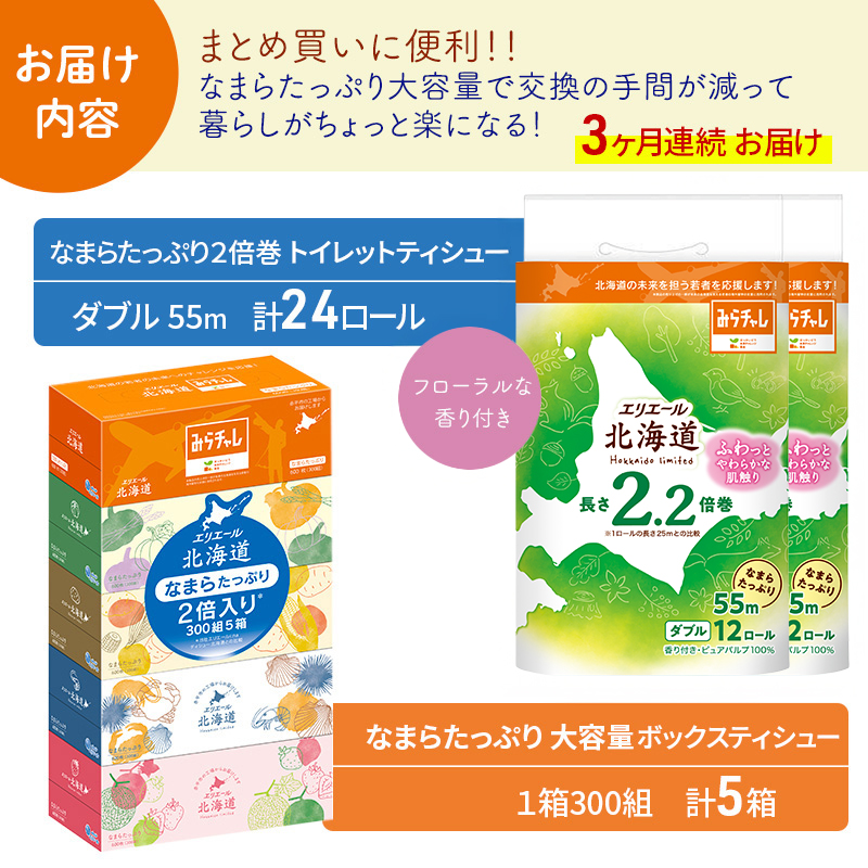 定期便 3ヵ月連続お届け エリエール 収納に便利 コンパクト [アソートI] なまらたっぷり 大容量 トイレットペーパー ティッシュ トイレ ボックスティッシュ 防災 ひとり暮らし 紙 常備品 備蓄品 消耗品 日用品 生活必需品 送料無料
