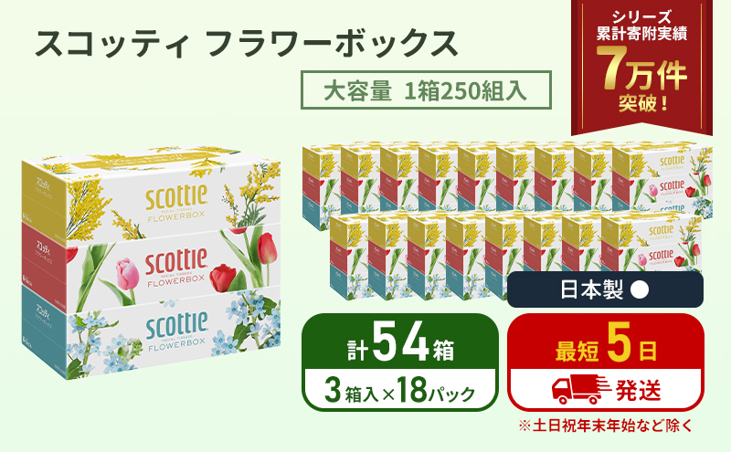 ティッシュ スコッティ フラワーボックス 54箱 ( 3箱 × 18パック ) 