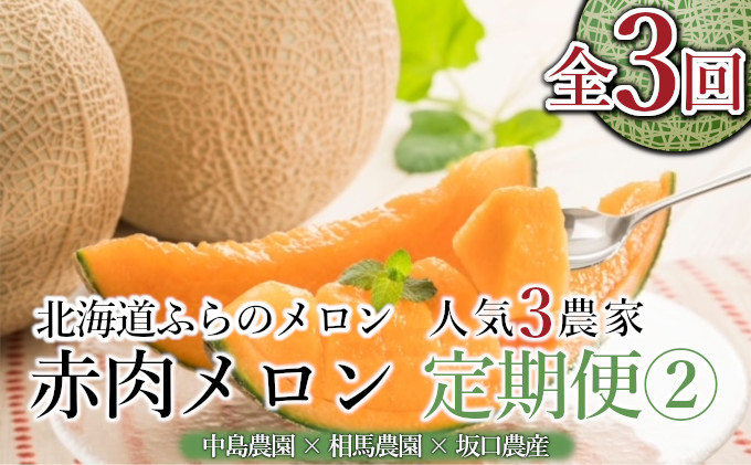 【北海道富良野市】【年3回定期便】【2026年7〜8月連続お届け】数量限定! 美味 ふらのメロン 厳選3農家 コラボ  定期便(2)  食べ比べ 赤肉 2玉×3回 合計6玉 (北海道 富良野市 果物 フルーツ 甘い デザート 産地直送 新鮮 先着順 中島農園 相馬農園 坂口農産)
