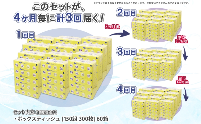 北海道 定期便 3ヵ月毎 全4回 とけまるくん 水に流せる ティッシュ 150組 計60箱 ティッシュペーパー ボックス リサイクル 日本製 防災 常備品 日用品 消耗品 備蓄 育児 福祉 ペット キャンプ 送料無料 倶知安町 