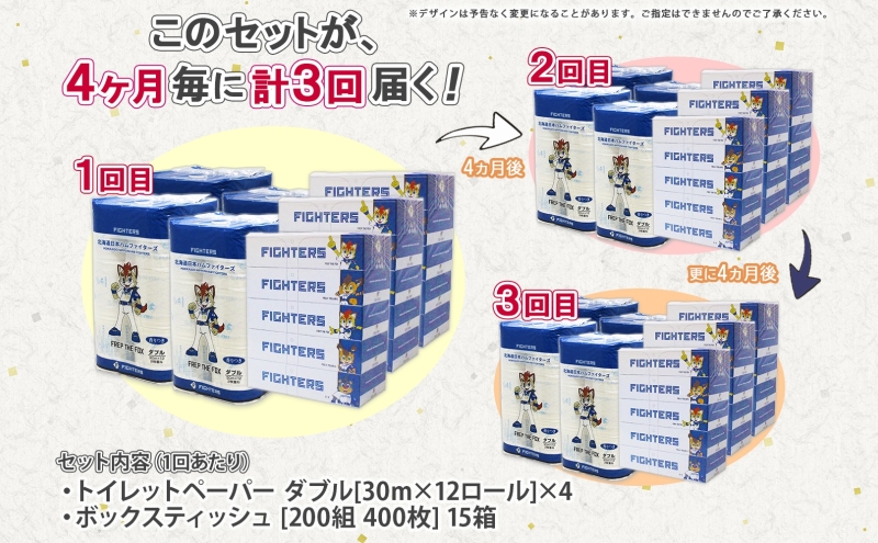 北海道 定期便 4ヶ月毎全3回 日本ハムファイターズ トイレットペーパー 30m 48ロール ボックス ティッシュ 200組 15箱 リサイクル 消耗品 備蓄 ファイターズ グッズ 日ハム 送料無料 