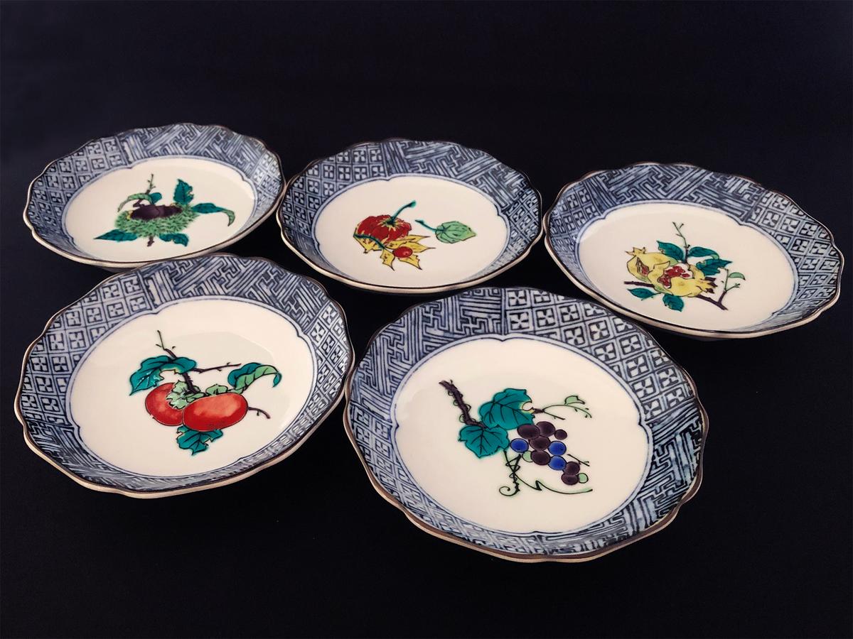 九谷焼　4.2号皿揃　果実絵変り（5枚セット）a01 工芸品 