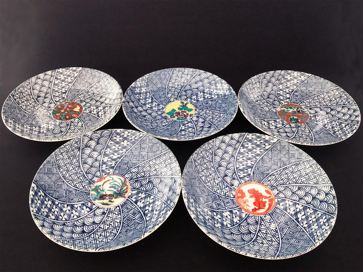 2037 九谷焼  歴代画　皿　5客　未使用 九谷焼 5.2号皿揃 時代画 （5枚セット）a01 食器 キッチン雑貨