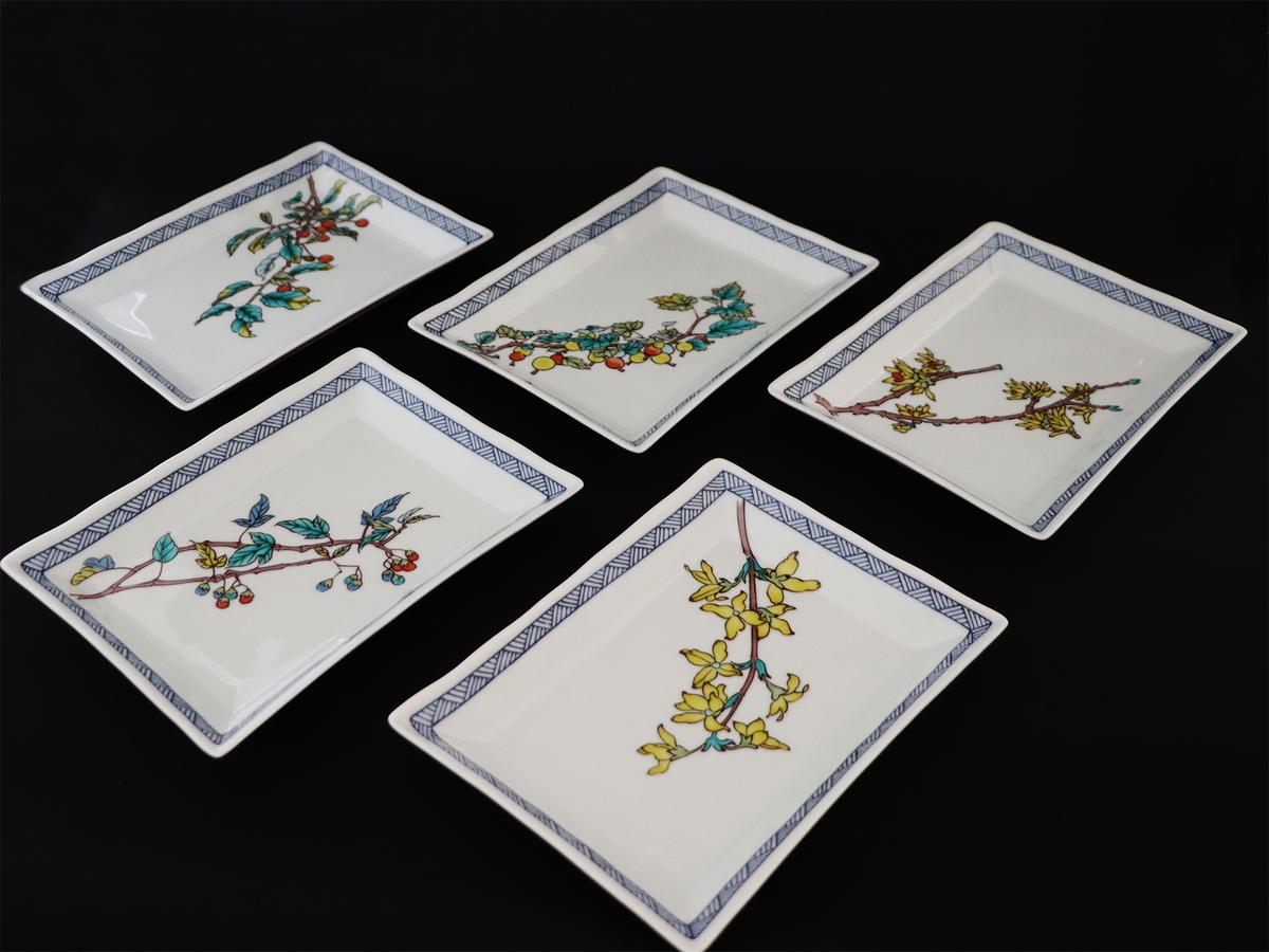 九谷焼　5.8号皿揃　果実絵変り （5枚セット）a01 食器 キッチン雑貨 キッチンアイテム 雑貨 小物 お皿 角皿 食卓 テーブルコーディネート 普段使い 贈り物 