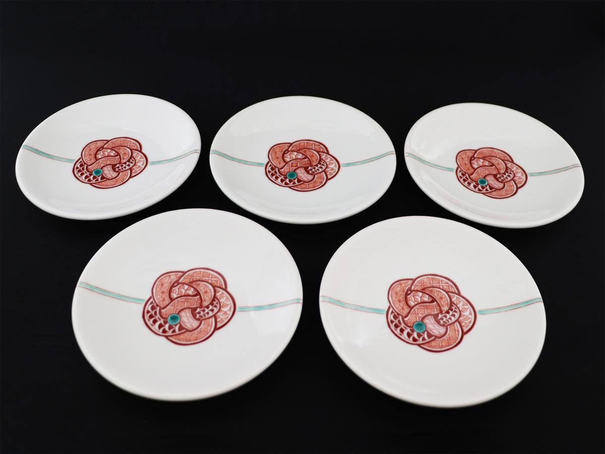 九谷焼　4号皿揃　赤絵水引文 （5枚セット）a01 食器 キッチン雑貨 キッチンアイテム 雑貨 小物 お皿 丸皿 食卓 テーブルコーディネート 普段使い 贈り物 