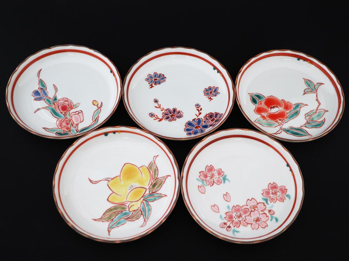 九谷焼　新品　4.5号皿揃　草花絵変り　小皿　5枚 割引キッチン・日用品・その他 - 九谷焼 新品 4.5号皿揃 草花絵