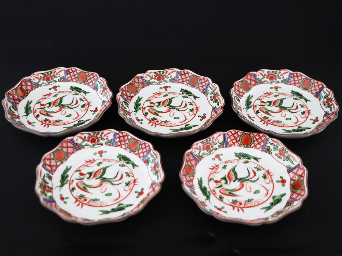 九谷焼　4.2号皿揃　赤絵鳳凰 （5枚セット）a01 食器 キッチン雑貨 キッチンアイテム 雑貨 小物 お皿 丸皿 食卓 テーブルコーディネート 華やか 