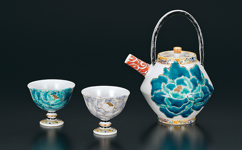 酒器揃　碧紫牡丹図　佐藤剛志 民芸品 工芸品 雑貨 日用品 徳利 お猪口 鮮やか 
