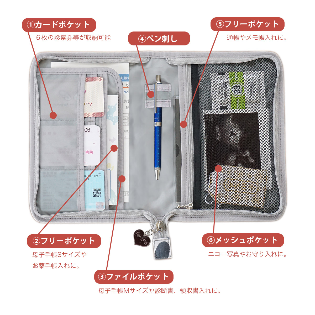 母子手帳用品 AH-mm AH124 マルチケース （ファスナータイプ） 木の花柄 Lモデル 1個