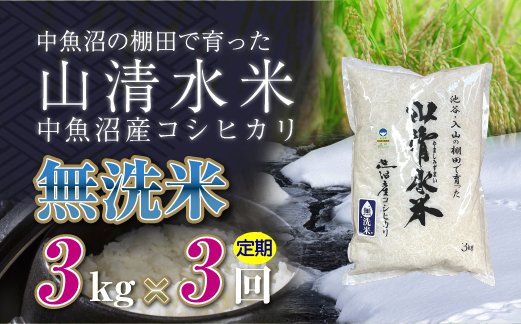 【定期便／全3回】無洗米3kg 新潟県魚沼産コシヒカリ「山清水米」 