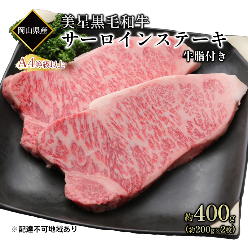黒毛和牛 サーロインステーキ 約400g （約200g×2パック）A4等級 以上 牛脂付き サーロイン 美星牛 美星牧場 岡山 