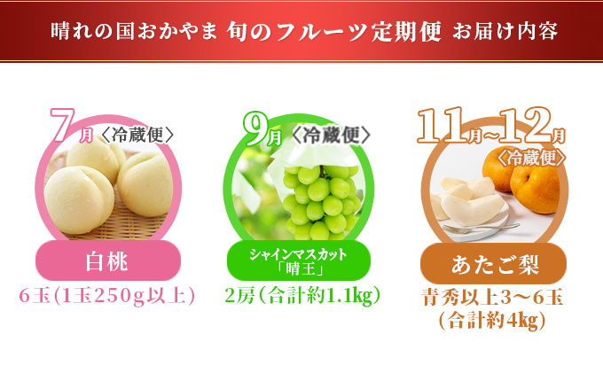 フルーツ 2026年 先行予約 晴れの国 岡山 の フルーツ 定期便 3回コース 桃 ぶどう 梨 岡山県産 国産 フルーツ 果物 ギフト マスカット もも モモ なし お楽しみ 