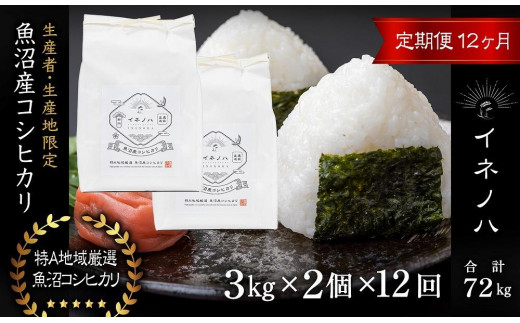 ＜定期便・全12回＞【令和7年産】魚沼産コシヒカリ「イネノハ 」精米(3kg×2)×12回 お米 白米 ご飯 産地直送 ミネラル 栄養分 こだわり 人気 新鮮 