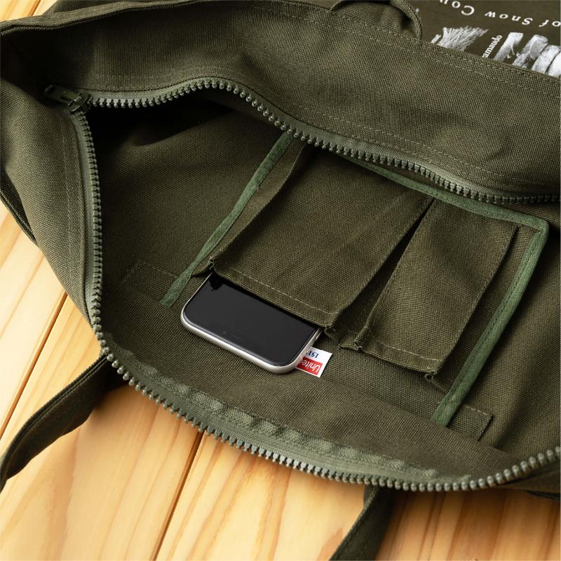 ［着る山菜］山菜図鑑トラベルトート オリーブグリーン ファッション かばん トートバッグ 手提げ キャンバス ファスナー付き 大きめ 大容量 