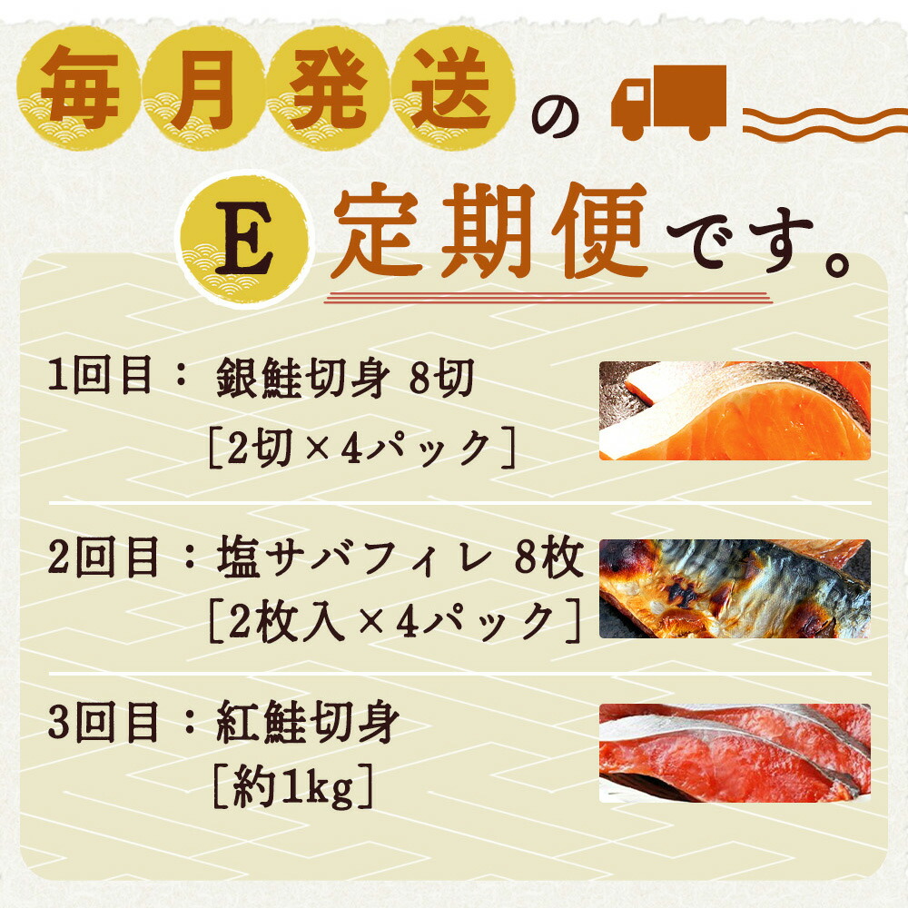 G60-T70_【定期便 全3回】魚鶴商店が選ぶ人気お魚E(銀鮭切身・サバフィレ・紅鮭切身)