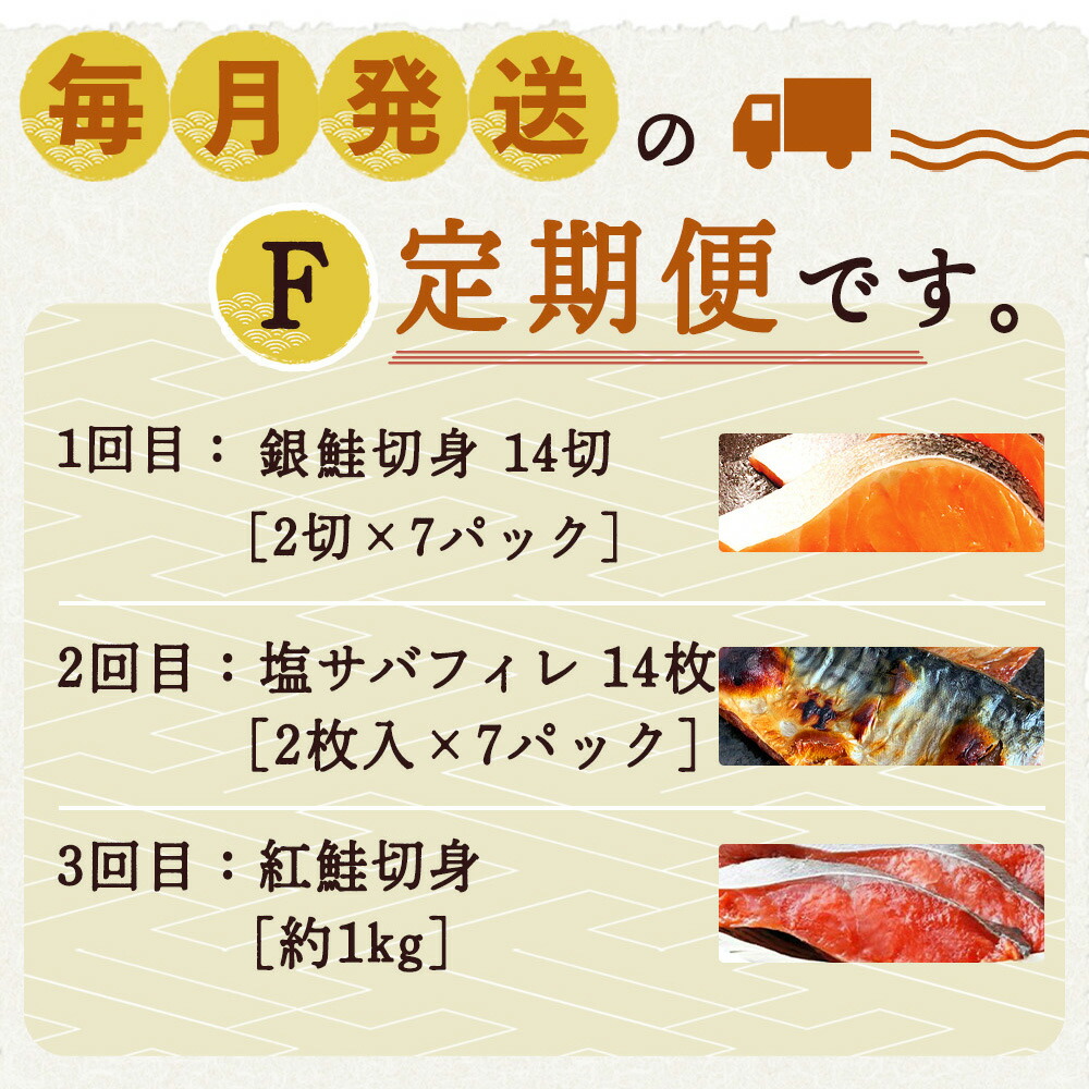 G60-T71_【定期便 全3回】魚鶴商店が選ぶ人気お魚F(銀鮭切身・サバフィレ・紅鮭切身)