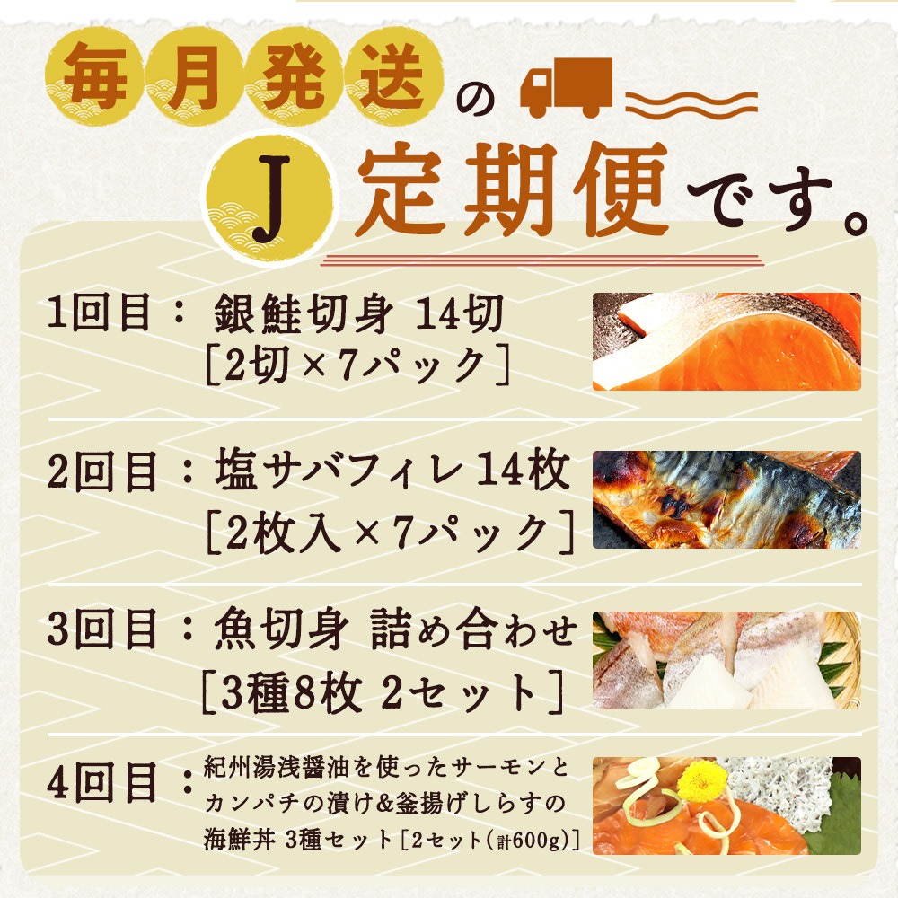 G60-T41_【定期便 全4回】魚鶴商店が選ぶ人気お魚J(銀鮭切身・サバフィレ・魚切身・海鮮漬)