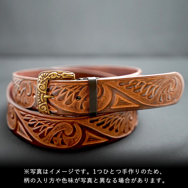 数量限定】牛革ベルト （インディアン（鷲の羽）模様・焦茶