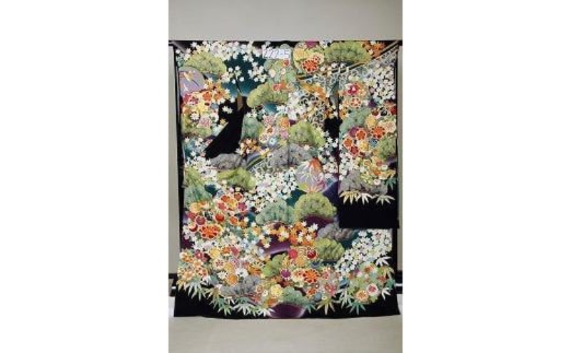作家振袖 十日町友禅 手描き ちりめん 豪華 身丈159cm 振袖レンタル：手描き友禅 赤地に梅柄 中振袖