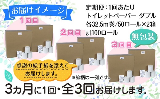 3ヵ月毎3回 定期便 トイレットペーパー ダブル 32.5m 100ロール 無包装 香りなし 日本製 日用品 備蓄 再生紙 リサイクル NPO法人支援センターあんしん 新潟県 十日町市 消耗品 生活必需品 エコ製品 
