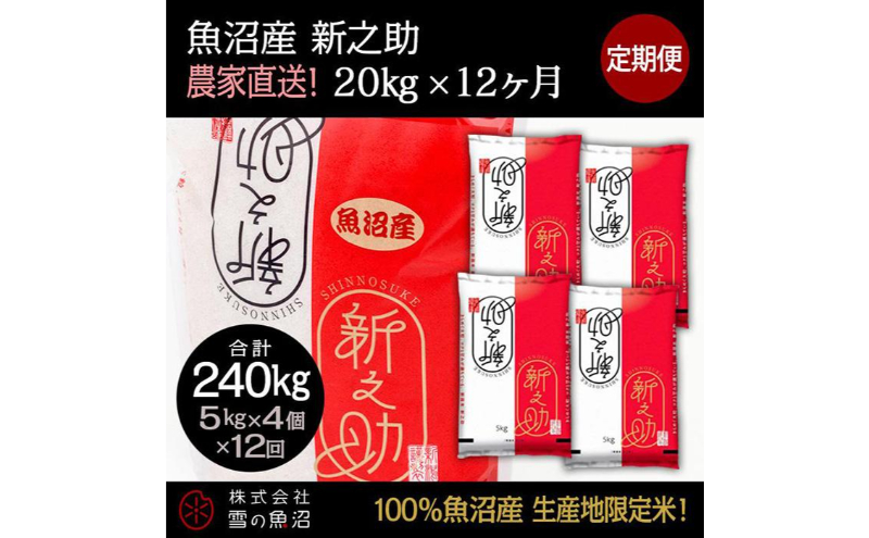 【令和7年産】定期便！魚沼産 新之助【合計240kg】20kg×12回 お米 米 こめ コメ 