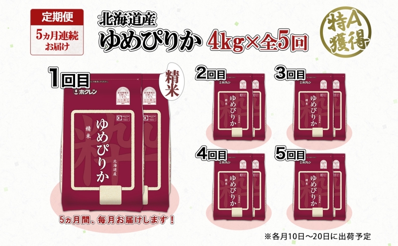 定期便 5ヵ月連続5回 北海道産 ゆめぴりか 精米 4kg 米 特A 獲得 白米 ごはん 道産 4キロ 2kg ×2袋 小分け お米 ご飯 米 北海道米 ようてい農業協同組合 ホクレン 送料無料 北海道 倶知安町 