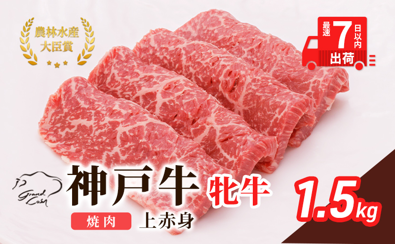 【兵庫県加西市】【最短7日以内発送】 神戸ビーフ 神戸牛 牝 上赤身 焼肉 1500g 1.5kg 川岸畜産 大容量 冷凍 肉 牛肉 すぐ届く お肉 和牛 食材 グルメ ブランド牛 日本産 国産 夕飯 晩御飯 夜ごはん