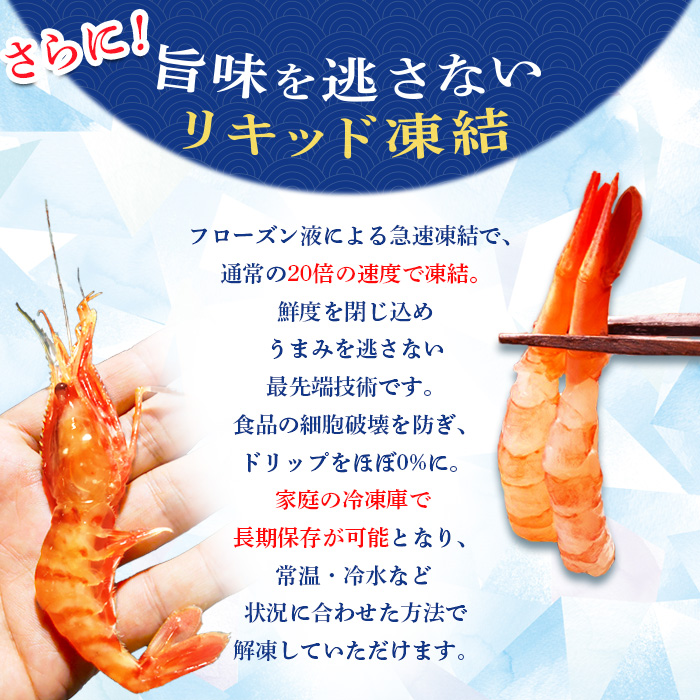 北海道羽幌町のふるさと納税 超速リキッド凍結でドリップゼロ！北海道羽幌産生鮮甘えび 600g（200g×3パック）【0312101】