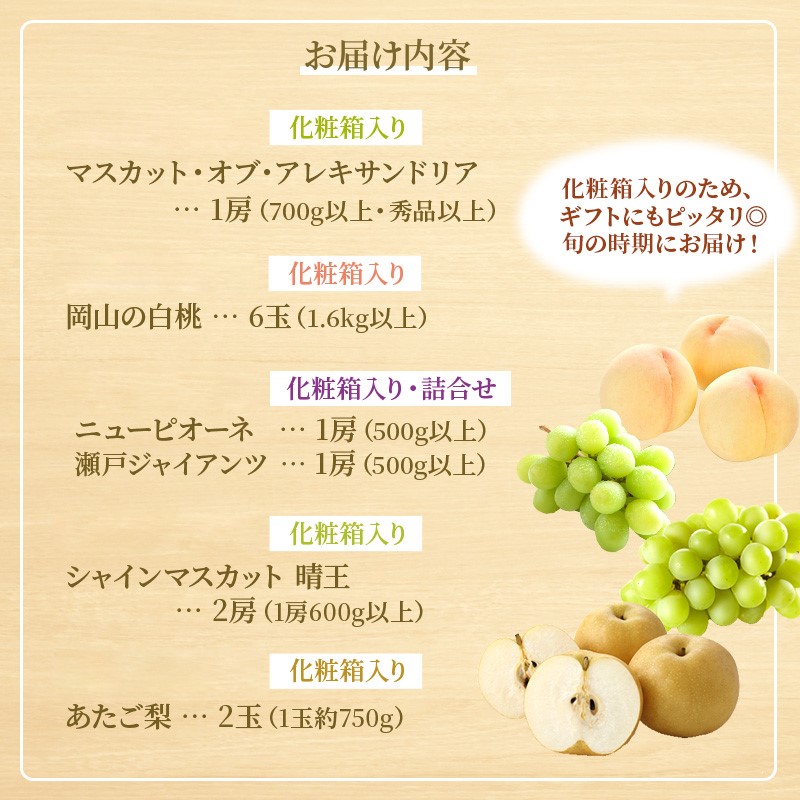 フルーツ 定期便 2026年 先行予約 フルーツ王国 岡山の果物 5回コース 夏～冬物語  桃 もも 葡萄 ぶどう 梨 なし岡山県産 国産 果物 セット ギフト シャインマスカット あたご梨 