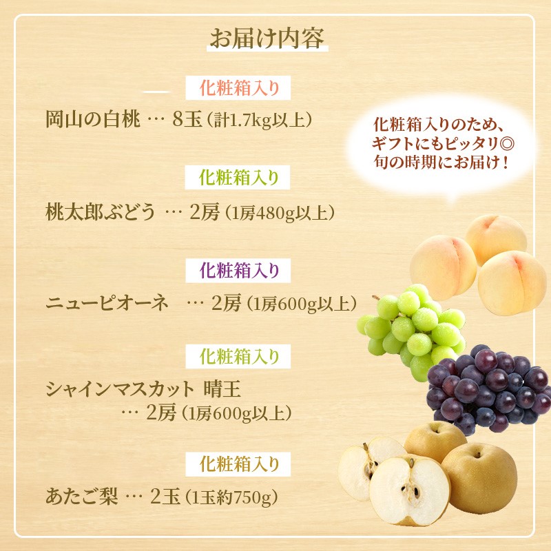 フルーツ 定期便 2026年 先行予約 フルーツ王国 岡山を堪能 5回コース 桃 もも 葡萄 ぶどう 梨 なし岡山県産 国産 果物 セット ギフト 桃太郎ぶどう ニューピオーネ シャインマスカット あたご梨 