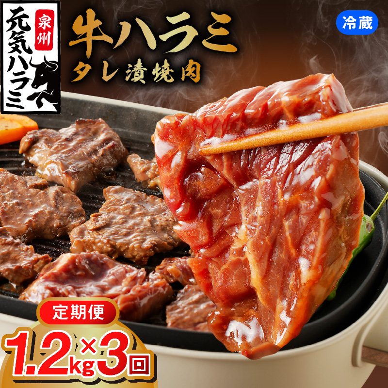 [冷蔵配送]牛ハラミ肉 1.2kg×全3回[毎月配送コース お楽しみ 焼肉 ていきびん 小分け 味付け 焼くだけ 小分け BBQ やきにく 数量限定]