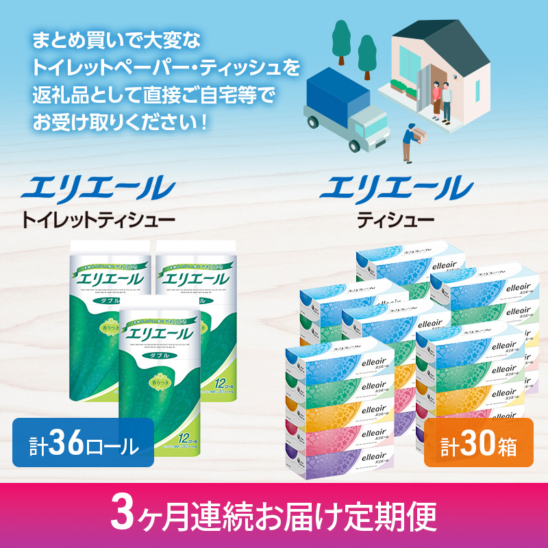 【3ヶ月連続お届け】エリエール 収納に便利 コンパクト [アソートB] トイレットペーパー ティッシュ トイレ ボックスティッシュ まとめ買い ペーパー ひとり暮らし 紙 防災 常備品 備蓄品 消耗品 備蓄 日用品 生活必需品 送料無料