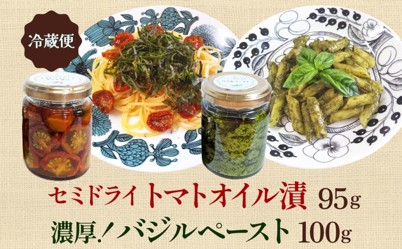 北海道 野菜 瓶詰め 2種 セット〈大〉バジル ペースト 100g セミドライ トマト オイル漬け 95g 各1個 計2個  2026年8月上旬から発送 ハーブ オリーブオイル 乾燥野菜 国産 パスタ ピザ バケット 保存食 ギフト 瓶 
