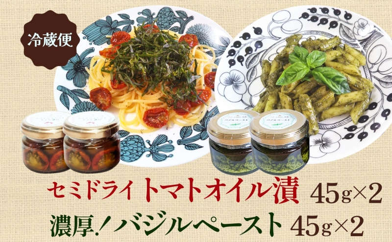 北海道 野菜 瓶詰め 2種 セット〈小〉バジル ペースト セミドライ トマト オイル漬け 各45g 各2個 計4個  2026年8月上旬から発送 ハーブ オリーブオイル 乾燥野菜 国産 パスタ ピザ バケット 保存食 ギフト 瓶 