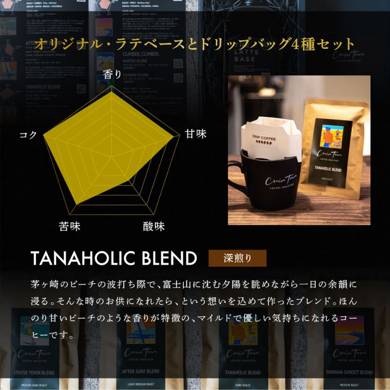 定期便 隔月 3回【茅ヶ崎のスペシャルティコーヒー専門ロースター】CRUISE TOWN COFFEE ROASTERS オリジナル・ラテベースとドリップバッグ4種セット 飲料 コーヒー豆 ナッツの香り 優しい酸味 コク 