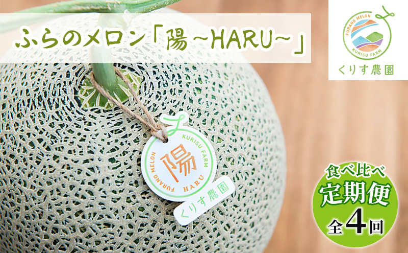 【北海道富良野市】【食べ比べ定期便(2026年6〜8月まで全4回)】ふらのメロン「陽 〜HARU〜」大玉(2.3kg以上)×1玉(赤肉)×4種(くりす農園)