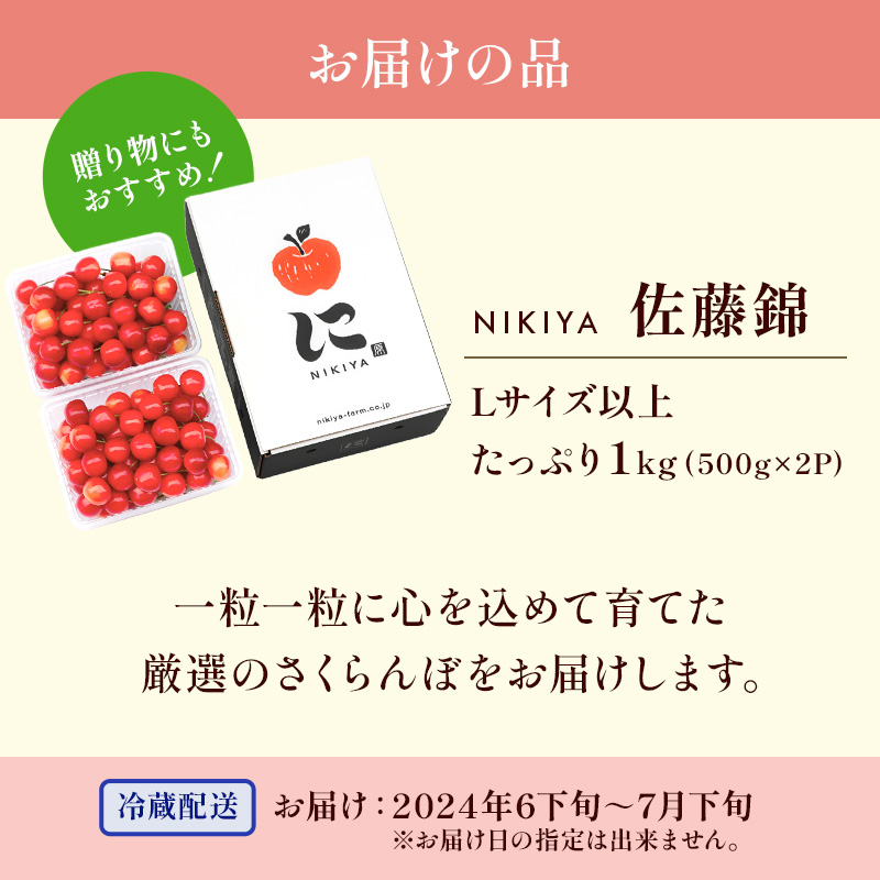 北海道 仁木町産 さくらんぼ 佐藤錦 1kg（500g×2）Lサイズ以上