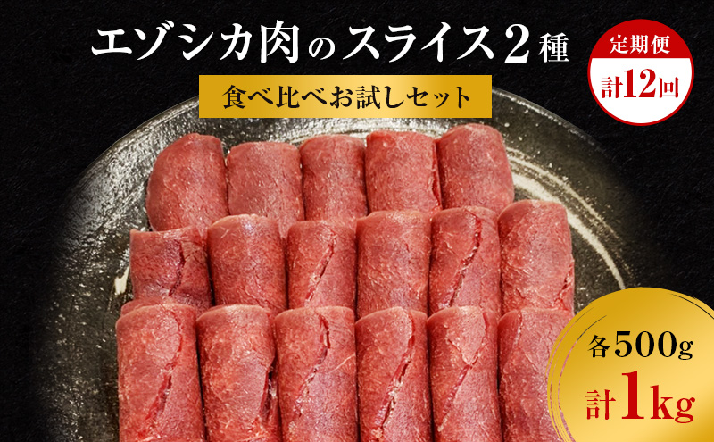 【12か月定期便】エゾシカ肉のスライス2種食べ比べお試しセット(計1kg) 南富フーズ株式会社 鹿肉 ジビエ 鹿 詰め合わせ 肉 北海道 南富良野町 エゾシカ セット 詰合せ 食べ比べ 