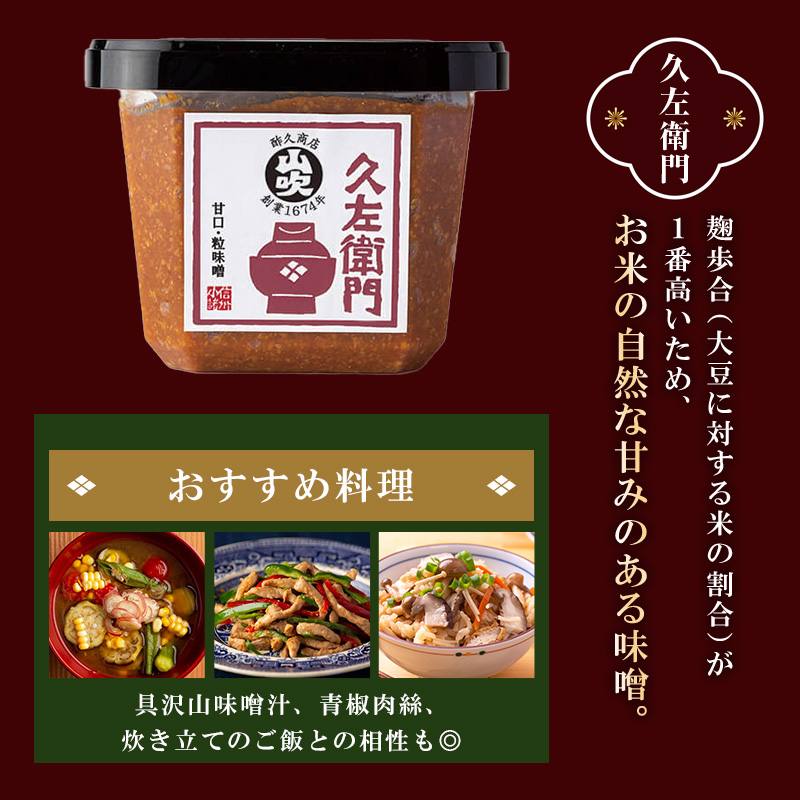 味噌 山吹味噌 500g×3種 詰め合わせ セット 大寒仕込み コクとかおり 久左衛門 信州味噌 みそ ミソ 熟成 信州 信州みそ 無添加 国産大豆 調味料 小分け 長野県 長野 お米 米 老舗味噌蔵 高級 　 