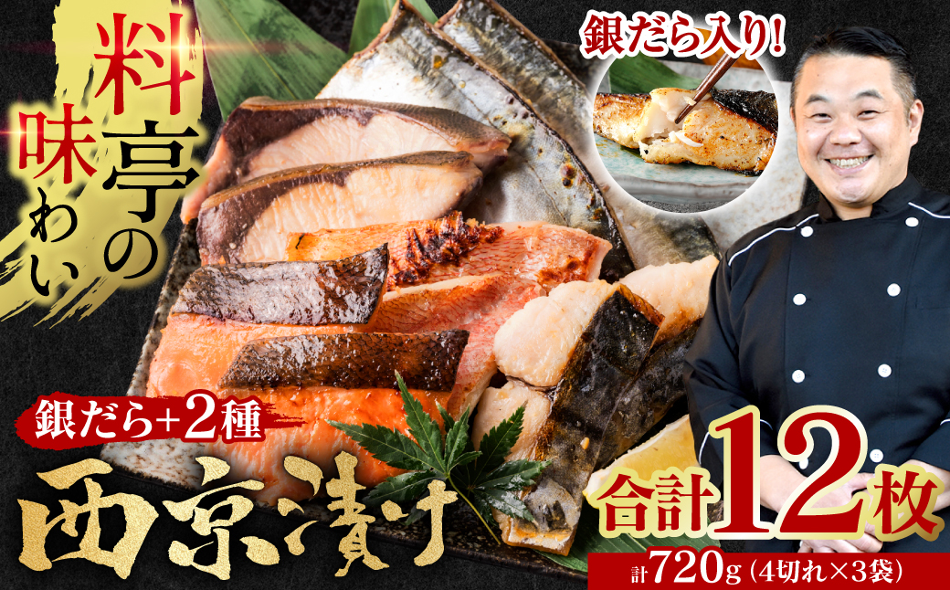 [訳あり]厳選 鮮魚 西京漬け 720g 銀だら入り 食べ比べ 12枚 西京焼き 4切れ×3袋 日本料理店 料亭 西京焼き 銀だら 厳選 鮮魚 魚 さかな 冷凍